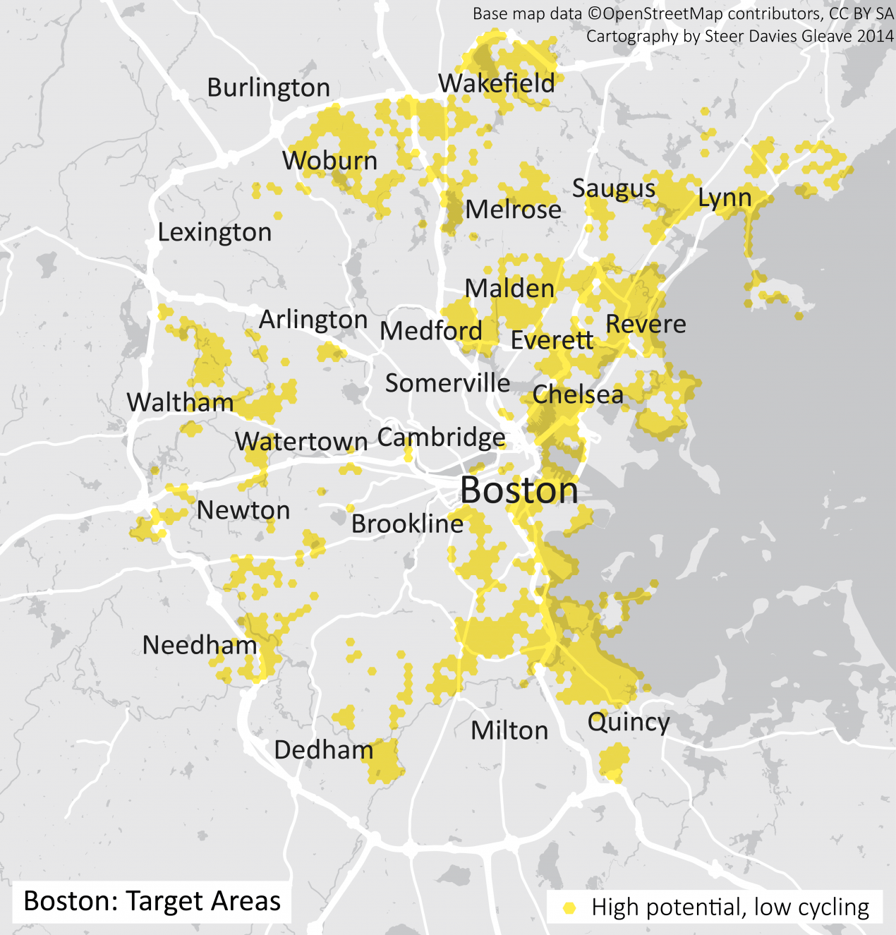 Target areas for cycling in Boston